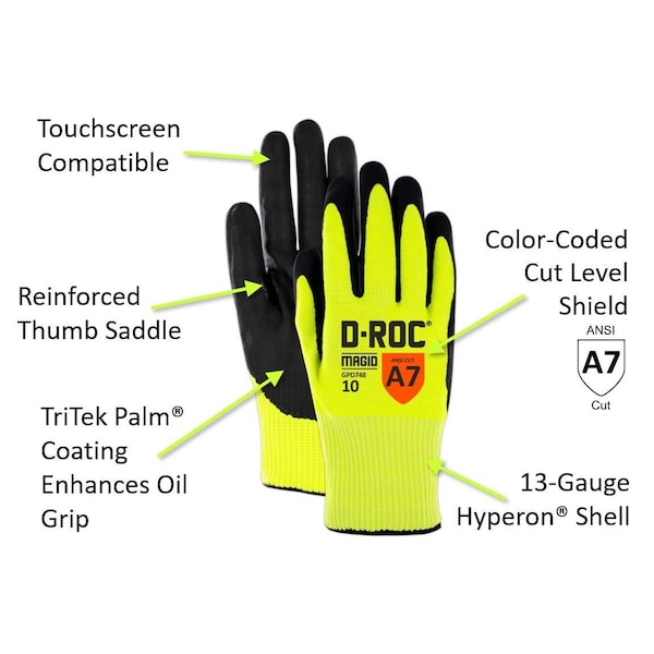 DROC GPD748 13 Gauge TriTek Palm Coated Work Glove  Cut Level A7